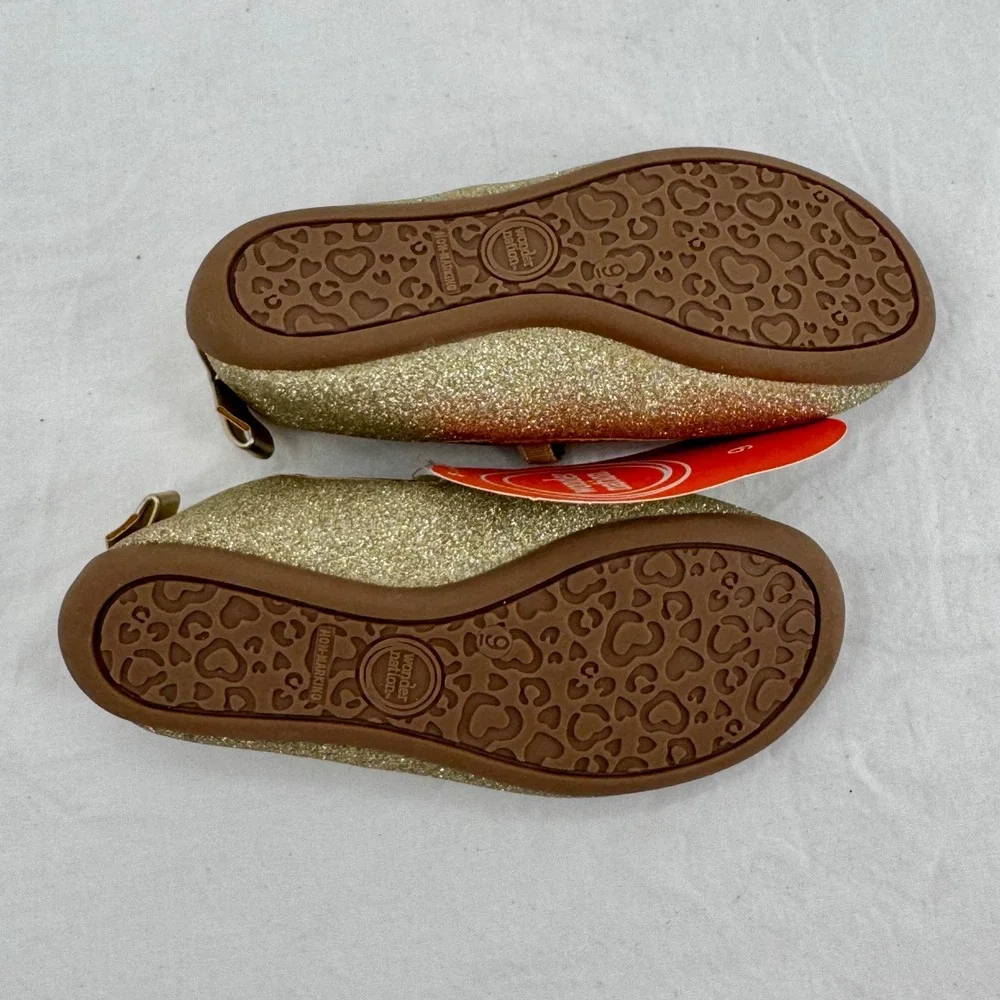 Toddler Gold Glitter Mary Jane Flats Size 9 Memory Foam Bow Heel Coquette Girls